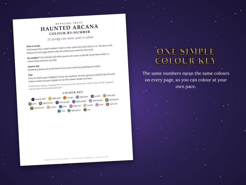 May include: A white instructional page titled Haunted Arcana Colour-By-Number with 12 spooky-cute tarot cards to color. It includes a how-it-works section, tips, and a numbered color key with circles containing colors like deep purple, gold, and red.