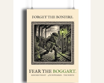 Boggart Mischief Night Art Print, Yorkshire Folklore Woodcut, 5th November Gift (A4)