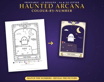 Può includere: Un set stampabile di colora per numero Haunted Arcana con 12 disegni in formato A4 e US Letter. L'immagine mostra una pagina in bianco e nero intitolata The Fool accanto alla versione colorata che raffigura un fantasma sotto la luna.