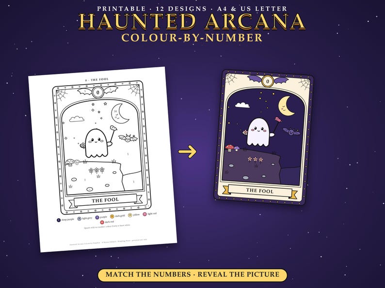 May include: A printable Haunted Arcana colour-by-number set featuring 12 designs in A4 and US Letter sizes. The image displays a black and white line art page titled The Fool next to its completed, colored version showing a ghost under a moon.