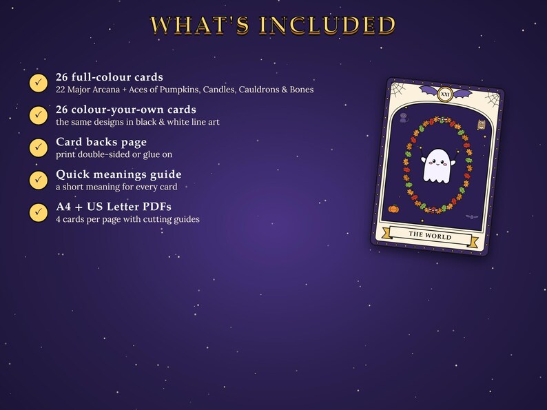 Op de afbeelding: Een digitaal productoverzicht met een tarotkaart genaamd The World, met een witte geest in een krans van herfstbladeren. De tekst somt de inhoud op: 26 kaarten in kleur, 26 kaarten om zelf in te kleuren, kaartruggen, een gids en PDF-bestanden.