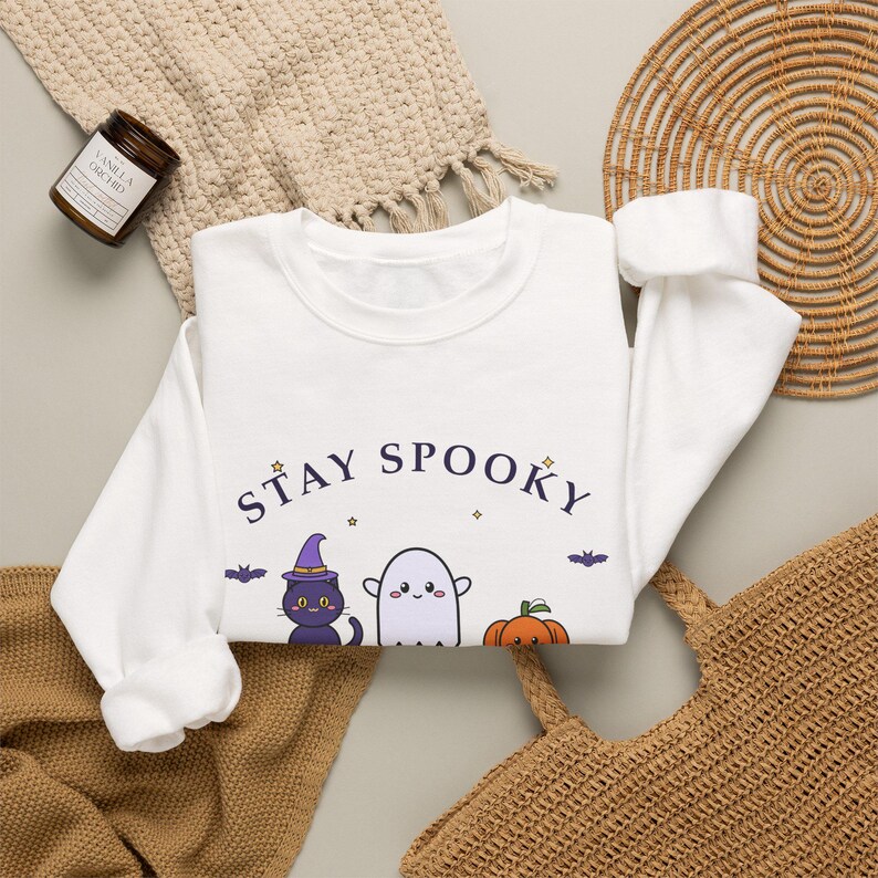 Felpa di Halloween, girocollo Stay Spooky Ghost Cat Pumpkin, maglione di Halloween Kawaii immagine 5