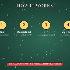 Pu&ograve; includere: Un grafico informativo verde scuro con fiocchi di neve bianchi che riporta il testo HOW IT WORKS. Quattro cerchi gialli numerati da 1 a 4 elencano i passaggi: Buy, check out on Etsy; Download, A4 or US Letter PDF; Print, on thick paper or card; Cut & tie, add ribbon or twine. Un banner rosso in basso recita DIGITAL DOWNLOAD - NO PHYSICAL ITEM WILL BE SENT.