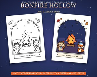 May include: Two printable coloring pages titled Bonfire Hollow featuring a campfire, a hedgehog, and a fox. One page is a black and white line drawing, the other is colored. Text includes Printable Bonfire Night Colouring Pages, print it, colour it, love it, and Cosy by the Bonfire.
