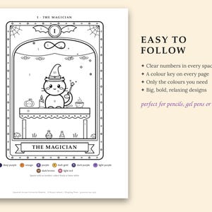 May include: A black and white paint-by-number coloring page titled I - THE MAGICIAN featuring a cat in a witch hat at a table with a wand, pumpkin, and potion. The page includes a numbered color key at the bottom and text stating EASY TO FOLLOW.