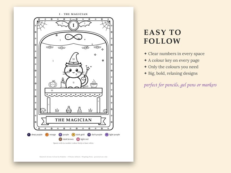 May include: A black and white paint-by-number coloring page titled I - THE MAGICIAN featuring a cat in a witch hat at a table with a wand, pumpkin, and potion. The page includes a numbered color key at the bottom and text stating EASY TO FOLLOW.