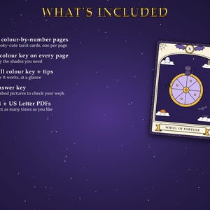 May include: A digital coloring set featuring 12 color-by-number tarot card pages, a color key on every page, a full color key with tips, an answer key, and A4 plus US Letter PDFs. The graphic shows a Wheel of Fortune tarot card illustration.