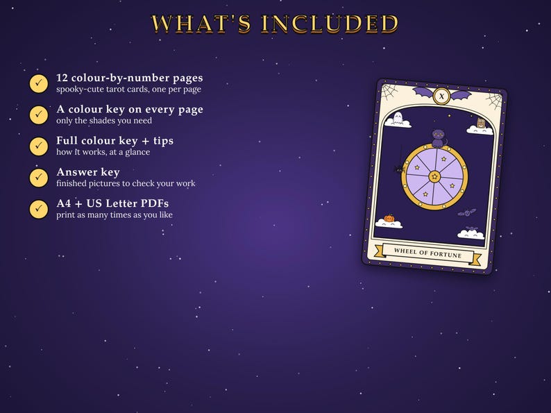 May include: A digital coloring set featuring 12 color-by-number tarot card pages, a color key on every page, a full color key with tips, an answer key, and A4 plus US Letter PDFs. The graphic shows a Wheel of Fortune tarot card illustration.