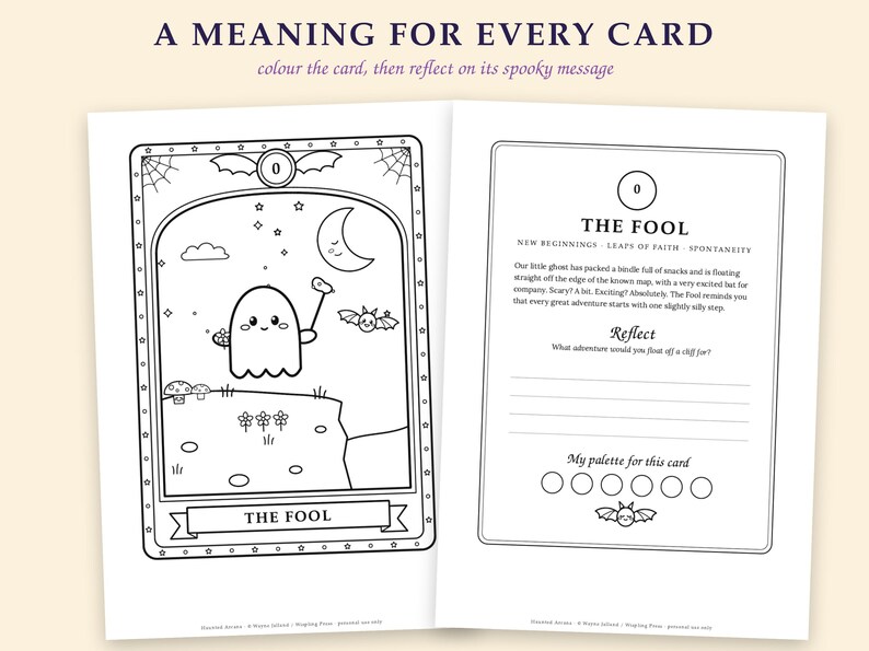 Pu&ograve; includere: Una doppia pagina di un libro da colorare intitolata A MEANING FOR EVERY CARD. La pagina sinistra mostra un'illustrazione di una carta dei tarocchi con un fantasma etichettato THE FOOL. La destra contiene testo, una riflessione e sei cerchi.