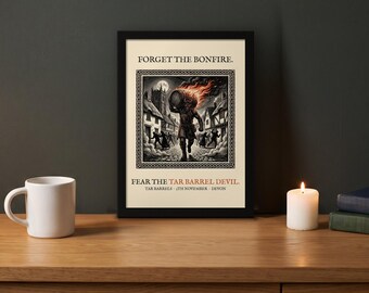 Tar Barrel Devil A4 Art Print, Bonfire Night Folk Horror, Woodcut Style (Giclée Print)
