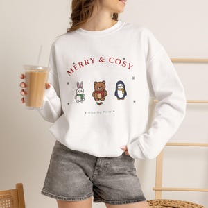 Christmas Sweatshirt, Snowglobe Days Teddy Bear, Bunny, Penguin Crewneck (50% Cotton) image 4