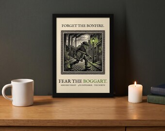 Boggart Mischief Night Art Print, Yorkshire Folklore Woodcut, 5th November Gift (A4)