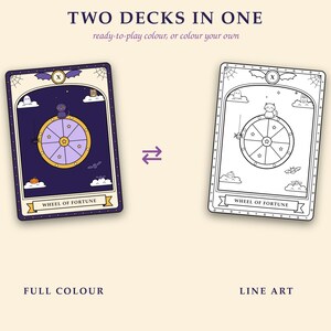 Op de afbeelding: Twee tarotkaarten met het opschrift Wheel of Fortune. E&eacute;n kaart is in kleur met een donkerpaarse achtergrond, een geel wiel en een kat. De andere kaart is een zwart-witte lijntekening om in te kleuren. De tekst luidt TWO DECKS IN ONE, ready-to-play colour, or colour your own, FULL COLOUR en LINE ART.