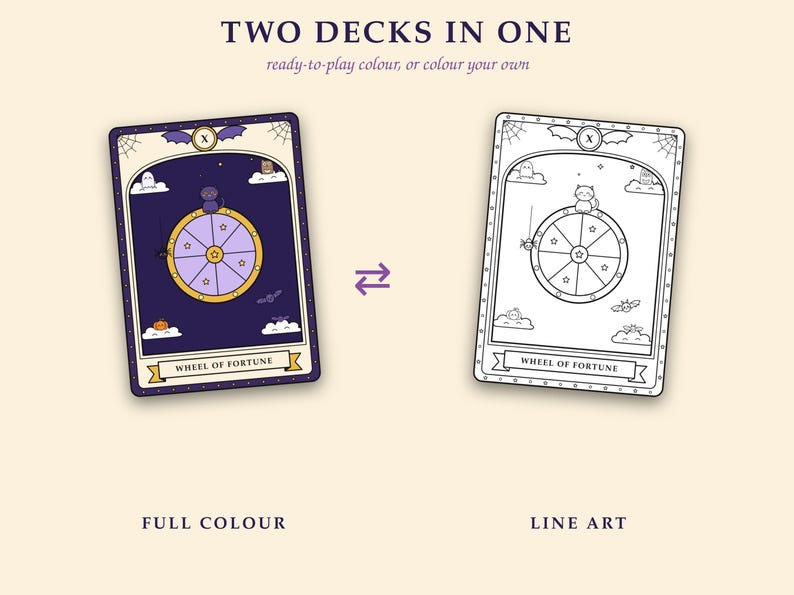 Op de afbeelding: Twee tarotkaarten met het opschrift Wheel of Fortune. E&eacute;n kaart is in kleur met een donkerpaarse achtergrond, een geel wiel en een kat. De andere kaart is een zwart-witte lijntekening om in te kleuren. De tekst luidt TWO DECKS IN ONE, ready-to-play colour, or colour your own, FULL COLOUR en LINE ART.