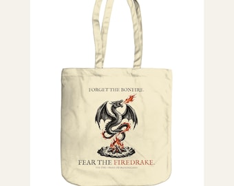 Firedrake Dragon Tote Bag, Bonfire Night Folk Horror, Woodcut Style (Organic Cotton)