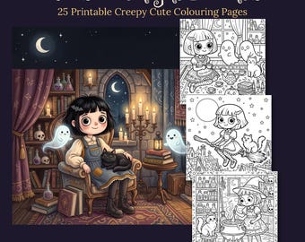 Può includere: Nell's Midnight Friends 25 pagine da colorare stampabili. Una collezione digitale che mostra un personaggio dai capelli scuri in una biblioteca con fantasmi e un gatto, insieme a tre pagine da colorare in bianco e nero. Include formati A4 e US Letter.