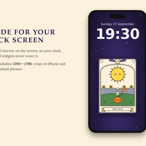 May include: A smartphone displaying a digital lock screen wallpaper featuring a tarot card illustration titled THE SUN. The card depicts a yellow sun, a skeleton figure, and a pumpkin against a purple starry background with the time 19:30 displayed.