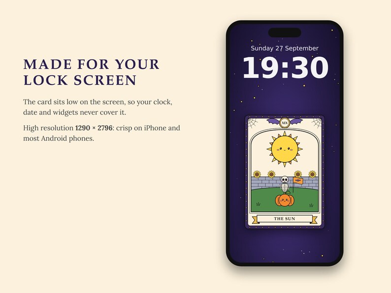 May include: A smartphone displaying a digital lock screen wallpaper featuring a tarot card illustration titled THE SUN. The card depicts a yellow sun, a skeleton figure, and a pumpkin against a purple starry background with the time 19:30 displayed.