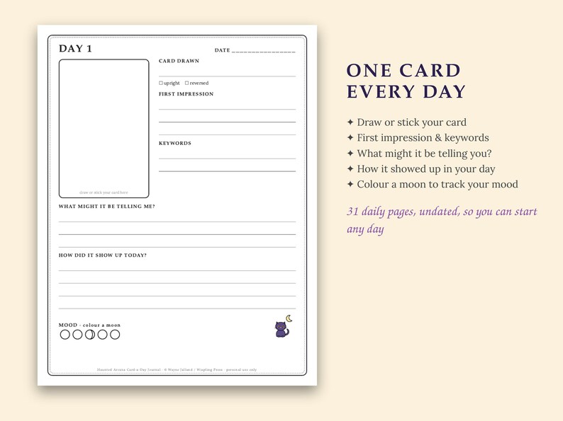May include: A white daily tarot journal page with black text and lines. The page features sections for Day 1, date, card drawn, first impression, keywords, what it is telling me, how it showed up, and a mood tracker with five moon icons.