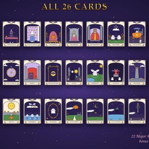 Op de afbeelding: Een verzameling van 26 tarotkaarten gerangschikt in drie rijen tegen een donkerpaarse sterrenachtergrond. Elke kaart toont een cartoon-geestfiguur in verschillende sc&egrave;nes met de tekst ALL 26 CARDS bovenaan en 22 Major Arcana + 4 bonus Aces onderaan.