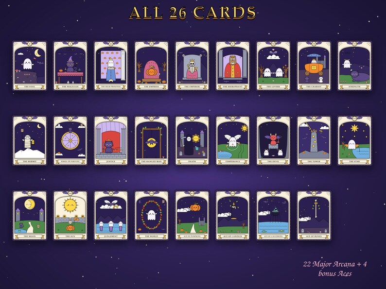 Op de afbeelding: Een verzameling van 26 tarotkaarten gerangschikt in drie rijen tegen een donkerpaarse sterrenachtergrond. Elke kaart toont een cartoon-geestfiguur in verschillende sc&egrave;nes met de tekst ALL 26 CARDS bovenaan en 22 Major Arcana + 4 bonus Aces onderaan.