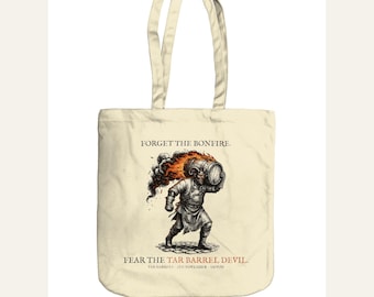 Tar Barrel Devil Tote Bag, Bonfire Night Folk Horror, Woodcut Style (Organic Cotton)