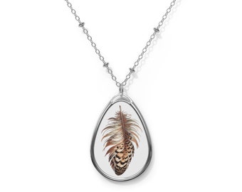 Quail Feather Oval Necklace, Silver Tone Pendant Jewelry, Nature Inspired Gift Idea, Boho Chic Accessory, Wildlife Lover Present