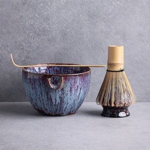 JiekaiTreasure Colorful Ceramic Matcha Bowl with Spout, Bamboo Whisk with Chasen Holder