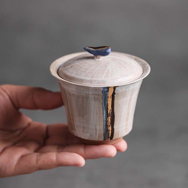 JiekaiTreasure Ceramic Handpainted Tea Bowl with Lid Gongfu Gaiwan 110ml