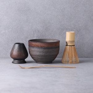 Bronze Ceramic Chawan with Bamboo Whisk and Chasen Holder