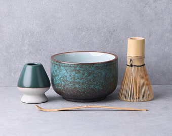 Green Ceramic Chawan with Bamboo Whisk and Chasen Holder