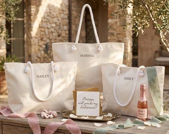 Personalisierte Brautjungfer Einkaufstasche, Leinwand Tote mit benutzerdefinierten Namen, Hochzeit Wochenende Tasche, Brautpartygeschenk