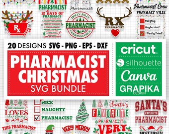 Op de afbeelding: Een digitaal downloadpakket met 20 kerstthema SVG-ontwerpen met het woord "Apotheker" in verschillende feestelijke ontwerpen. De ontwerpen omvatten een apotheek-Rx-symbool, een kerstboom, een slee en een peperkoekman. De ontwerpen zijn compatibel met Cricut, Silhouette, Canva en andere snijmachines.
