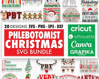Op de afbeelding: Een verzameling van 20 kerstthema SVG-ontwerpen met het woord "Phlebotomist" in verschillende feestelijke ontwerpen. De ontwerpen zijn perfect voor het maken van gepersonaliseerde geschenken, decoraties en kleding. De ontwerpen zijn compatibel met Cricut, Silhouette, Canva en andere snijmachines.