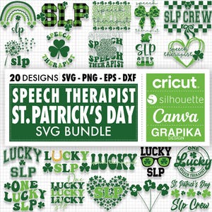 Op de afbeelding: Een groene en witte SVG-bundel voor logopedisten ter ere van St. Patrick's Day. De bundel bevat 20 ontwerpen met verschillende zinnen zoals "Lucky SLP", "One Lucky SLP" en "SLP Crew".