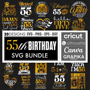 Könnte beinhalten: Ein digitales Download-Paket mit 20 goldenen Glitzer-SVG-Designs zum 55. Geburtstag. Die Designs zeigen verschiedene Sätze und Grafiken, darunter "Von Gott gesegnet für 55 Jahre", "Kapitel 55", "Diese Königin ist 55" und "Ich bin 55".