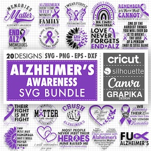 May include: A purple and white SVG bundle with 20 designs related to Alzheimer's awareness. The designs include phrases like "Memories Matter," "Love Never Forgets," and "We Fight Together," along with purple ribbon graphics.