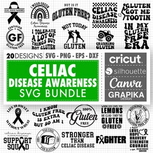 以下が含まれることがあります： Cricut、Silhouette、Canva、Graphika などのカッティングマシン用の、白黒の SVG デザイン 20 個のセットです。デザインには、セリアック病の意識を高めるためのテキストとグラフィックが使用されています。例として、「グルテンフリー」、「セリアック病の意識」、「私は多くのものを我慢できますが、グルテンは我慢できません」、「セリアック病よりも強い」などがあります。
