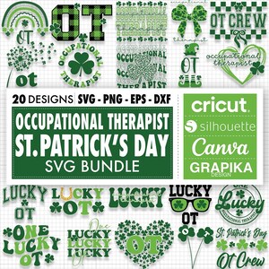 May include: A digital download of 20 SVG designs for occupational therapists celebrating St. Patrick's Day. The designs feature shamrocks, rainbows, and the text "OT" in various styles. The designs are compatible with Cricut, Silhouette, Canva, and other cutting machines.