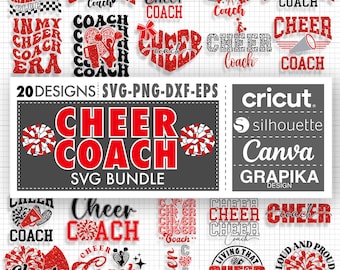 May include: A digital download of 20 SVG designs featuring cheerleading and cheer coach themes. The designs are in red, black, and white with glitter accents. The designs are compatible with Cricut, Silhouette, Canva, and other cutting machines. The designs are perfect for creating t-shirts, mugs, signs, and other crafts.