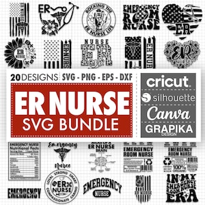 May include: A set of 20 black and white SVG designs for an ER nurse. The designs include a variety of graphics, such as a stethoscope, a heart, a sunflower, and a flag. The designs are perfect for creating t-shirts, mugs, stickers, and other personalized items.