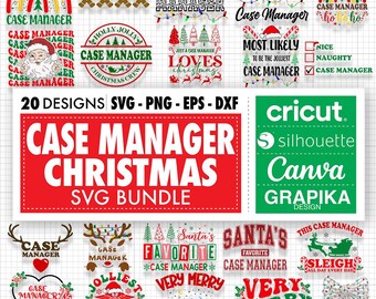 Op de afbeelding: Een rood-witte grafische ontwerpbundel voor Kerstmis met de tekst "Case Manager Christmas SVG Bundle". De bundel bevat 20 ontwerpen met verschillende kerstthema's, waaronder een peperkoekman, een kerstboom, een kerstmanmuts en een slee. De ontwerpen zijn compatibel met Cricut, Silhouette, Canva en Grapika.