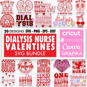 以下が含まれることがあります： 透析看護師のためのバレンタインデーをテーマにしたSVGデザイン20点セット。デザインには、ハート、腎臓、そして「透析看護師」、「キューピッドのお気に入りの透析看護師」、「優しい透析看護師」などのテキストが含まれています。デザインは、Cricut、Silhouette、Canva、Graphikaと互換性があります。