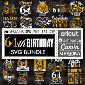 Puede incluir: Un conjunto de 20 diseños SVG de 64 cumpleaños con purpurina dorada. Los diseños presentan varias frases y gráficos, que incluyen "Bendecido por Dios por 64 años", "Capítulo 64", "Hola Sesenta y Cuatro", "Esta reina tiene 64 años", "64 años para obtener este increíble", "Tengo 63+ Los primeros 64 años de la infancia", y "Que te den, tengo 64". Los diseños son perfectos para crear tarjetas de cumpleaños personalizadas, invitaciones, decoraciones de fiesta y mucho más.