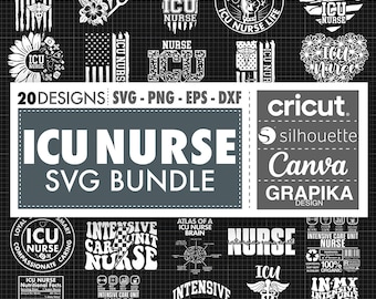May include: A set of 20 white SVG designs featuring the text "ICU Nurse" in various styles and fonts. The designs include a heart, a stethoscope, a sunflower, an American flag, and a brain. The designs are perfect for creating t-shirts, mugs, tote bags, and other crafts.