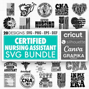 May include: A digital download bundle of 20 Certified Nursing Assistant (CNA) SVG designs. The designs feature various text, graphics, and icons related to the CNA profession. The bundle is compatible with Cricut, Silhouette, Canva, and other design software.