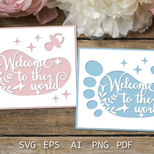 May include: Two baby shower cards with a footprint design. The card on the left is pink with the text "Welcome to the world". The card on the right is blue with the text "Welcome to the world".