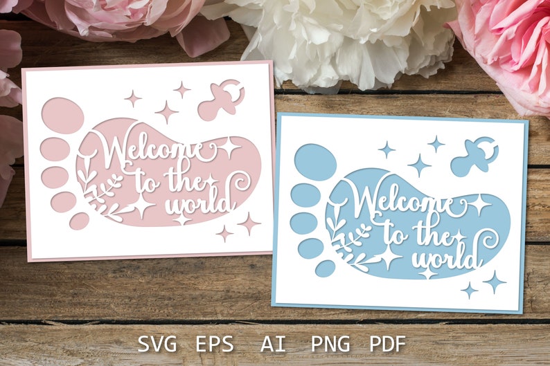 May include: Two baby shower cards with a footprint design. The card on the left is pink with the text "Welcome to the world". The card on the right is blue with the text "Welcome to the world".