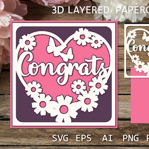 Félicitations SVG papercut en couches, carte d'anniversaire, carte de mariage, carte de félicitations 3D, modèle de papier découpé pour travaux manuels, boîte d'ombre