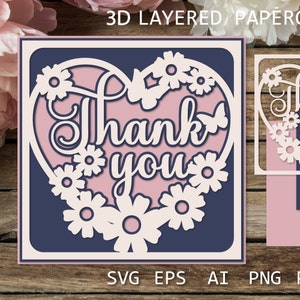 Dankeskarte mit Blumen und Schmetterlingen, Dankeskarte SVG Papierschnitt, Dankeskarten Ideen, 3D Papierschnitt Cricut, Schattenbox